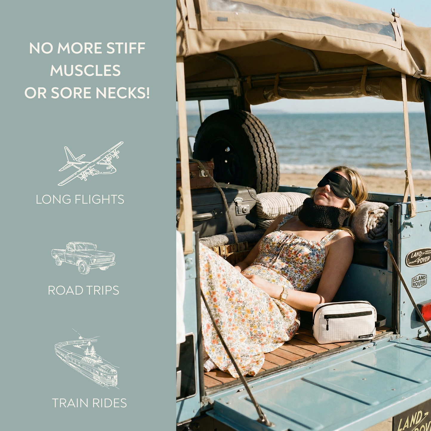 Woman relaxing in a vehicle with a beach view, wearing the black sherpa travel neck pillow and sleep mask