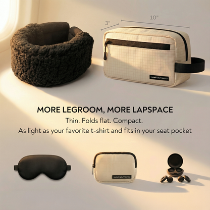 Travel accessories including a neck pillow, toiletry bag, eye mask, and earbuds on a light background.
