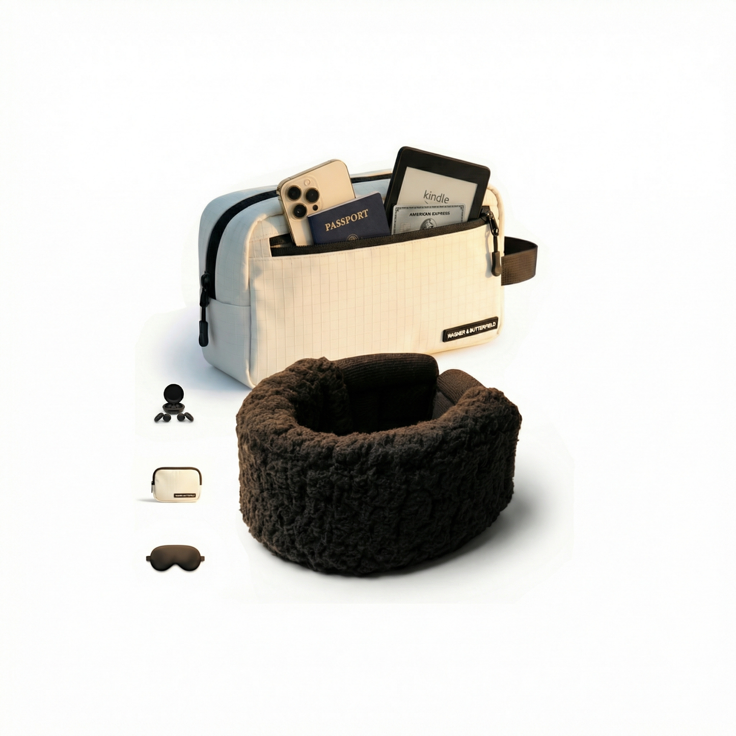 Small beige travel pouch with a black sherpa travel neck pillow on a white background