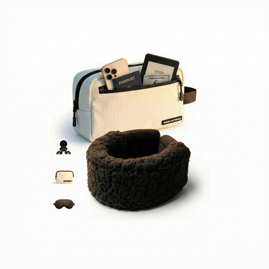 Small beige travel pouch with a black sherpa travel neck pillow on a white background