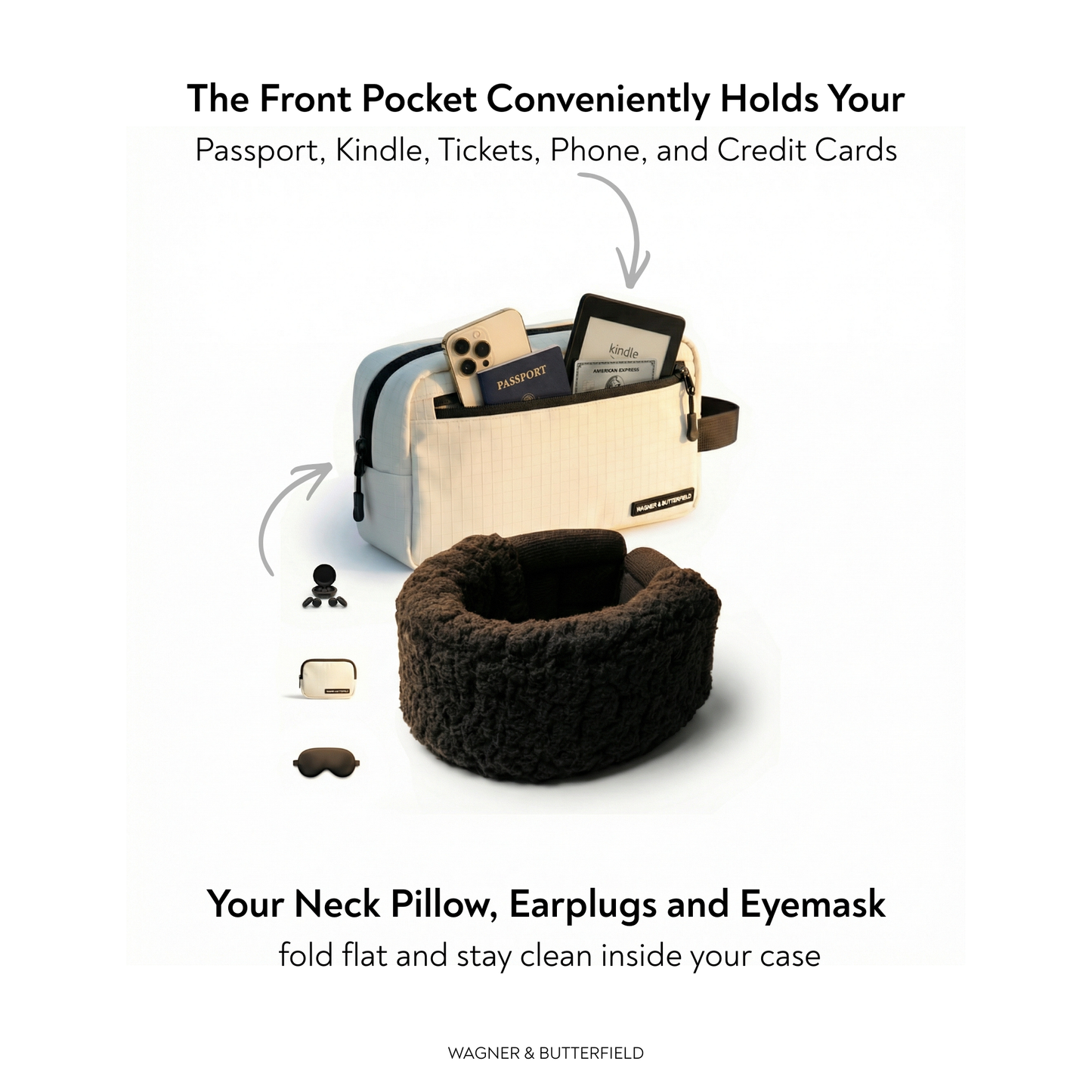 Travel organizer with front pocket, neck pillow, earplugs, and eyemask on a white background