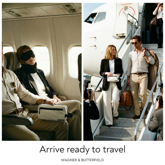 Two scenes showing people traveling by plane; one with a person using an eye mask and carrying a bag, the other with a couple walking up airplane stairs.