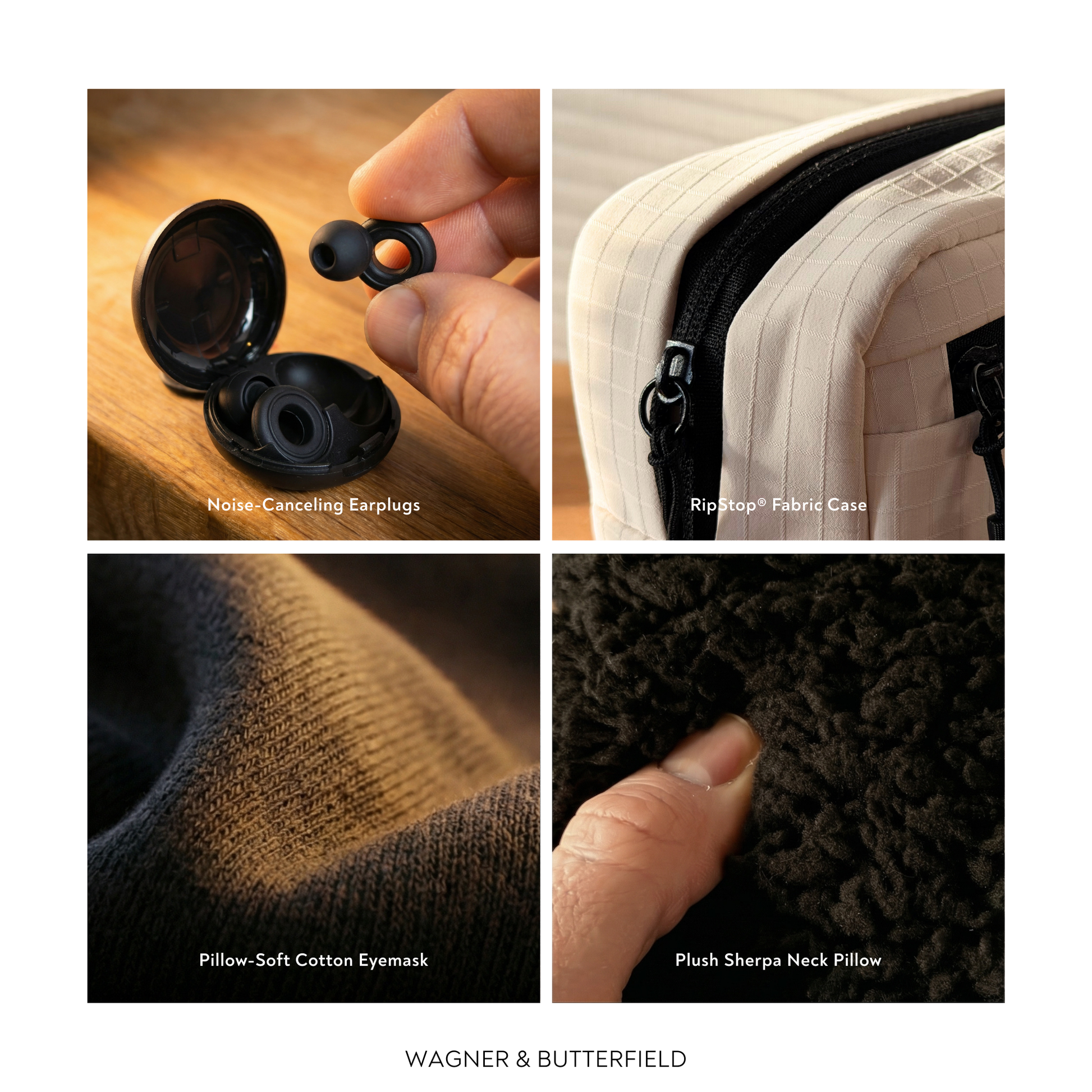 Collage of noise-cancelling earplugs, ripstop fabric case, pillow-soft cotton eyemask, and plush sherpa neck pillow with Wagner & Butterfield branding.