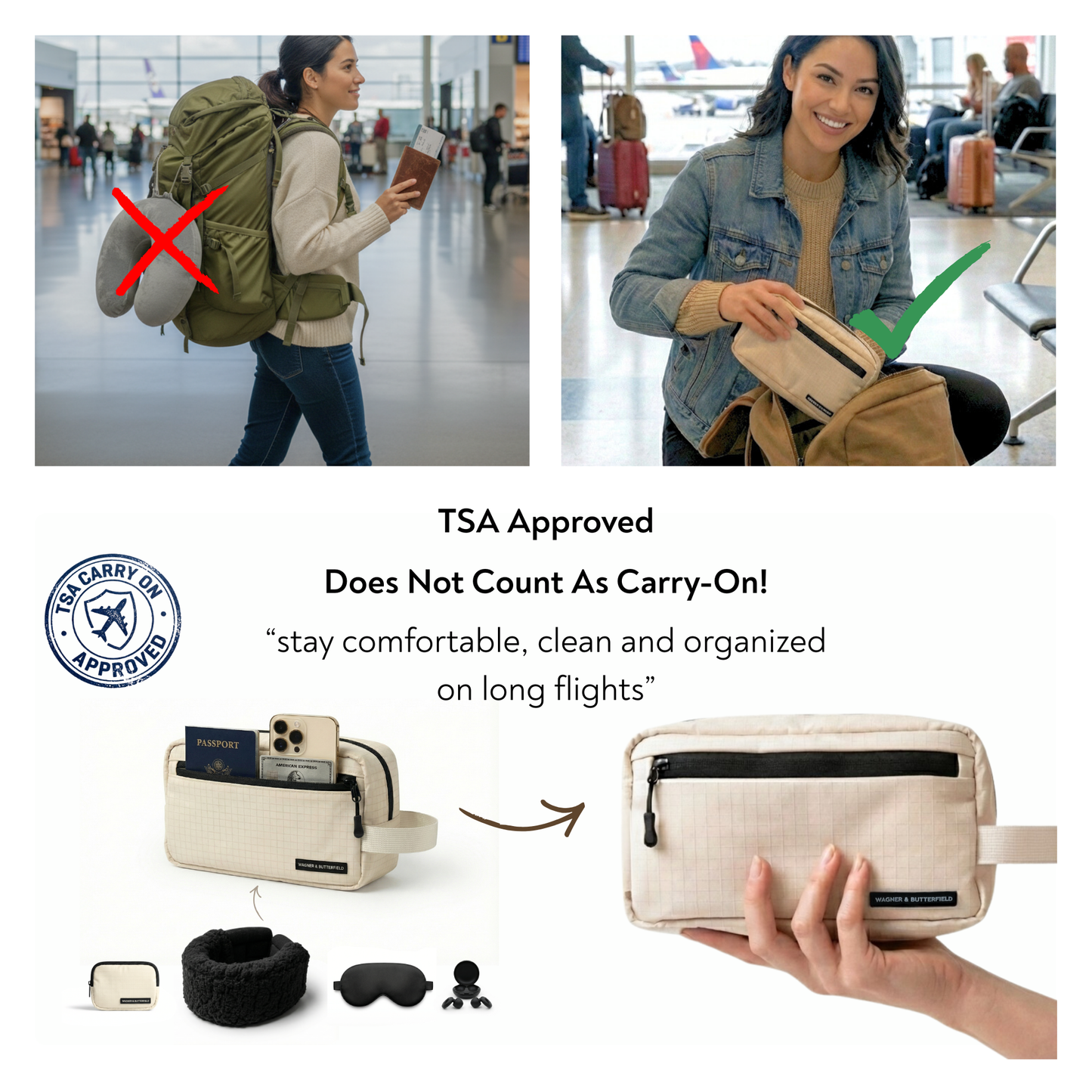The travel pouch with travel neck pillow set is TSA carry on approved and keeps your things clean and organized while traveling.
