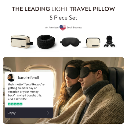 Travel pillow set with five pieces displayed above a couple using the travel pillows on an airplane.